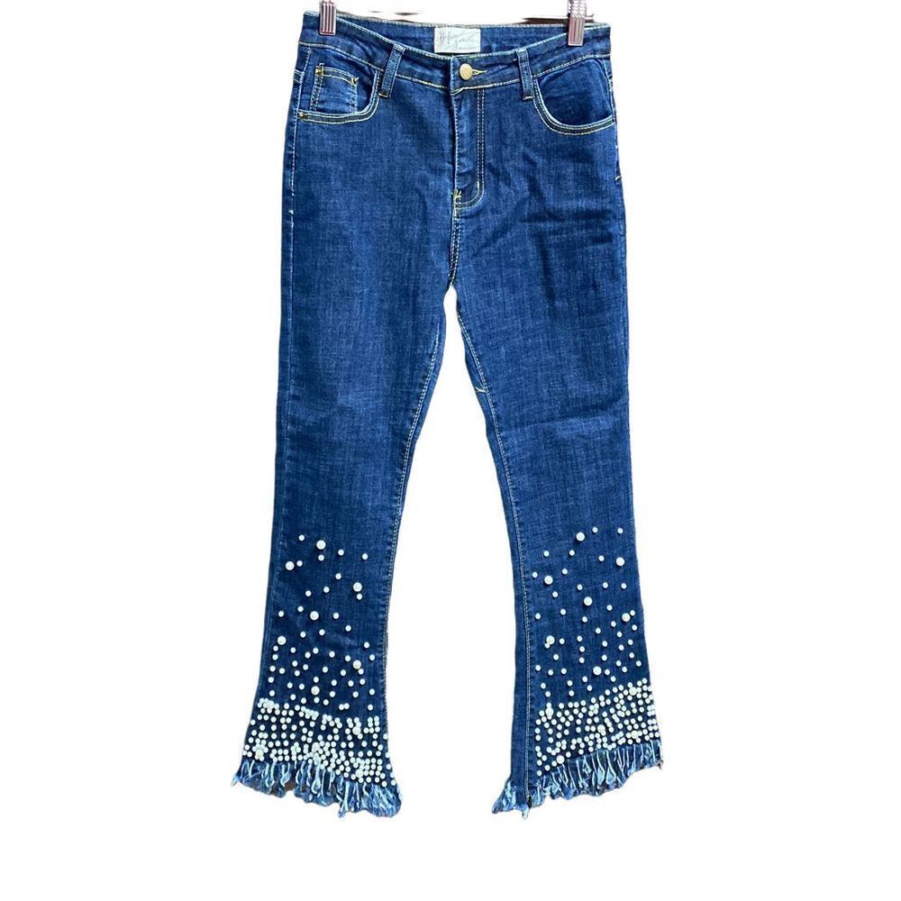 Before You Pearl Fringe Ankle High Waist Jeans Size Large NWT
